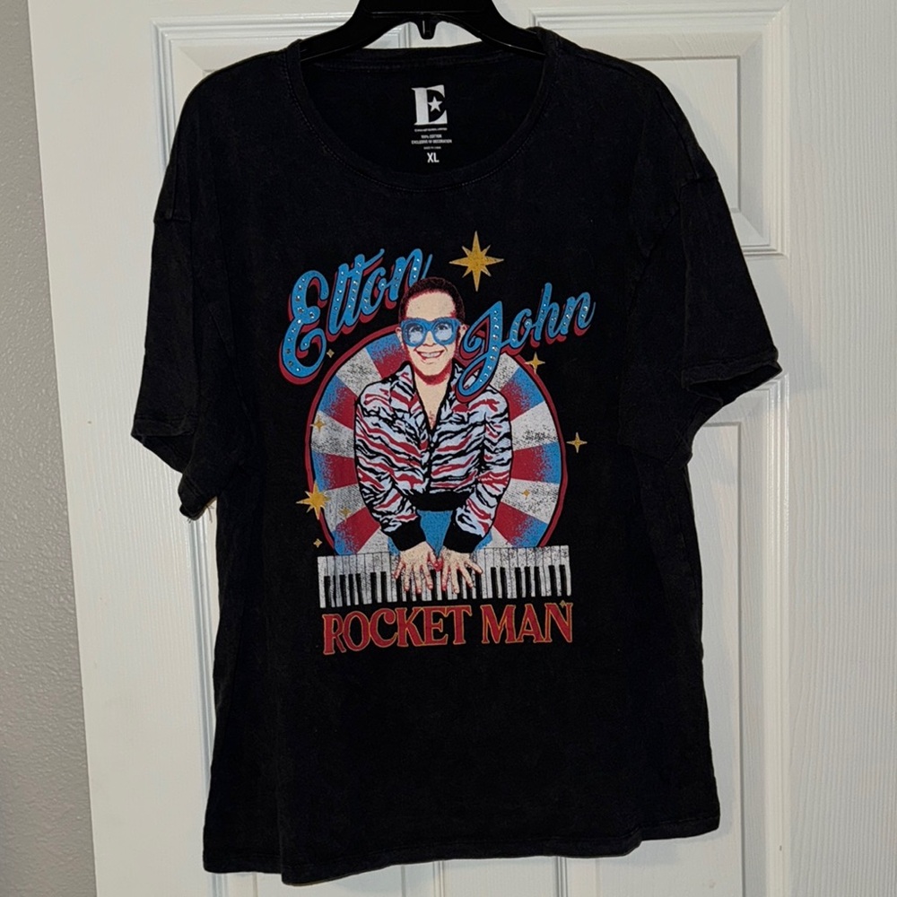Black Short Sleeve Tee with Elton John Graphic